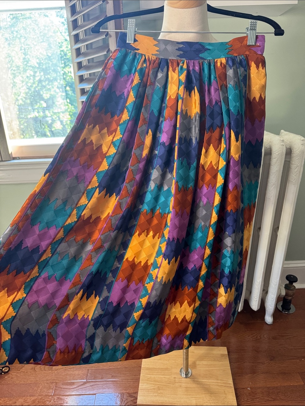 Vintage Cassis silk Multicolor Geometric Pleated Circle Skirt